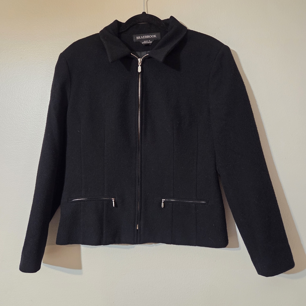 Vintage Braebrook Black Women's 100% Wool Jacket Suit Blazer Zip Size Medium